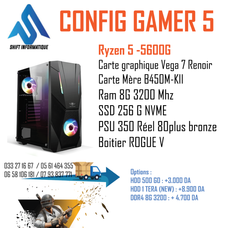 ryzen 5 5600 / RAM 8G / SSD NVME 256G / ROGUE 5 / 350W REAL